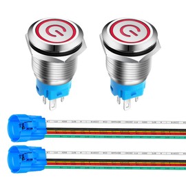 Gebildet Pack of 2 16 mm Stainless Steel Latching Push Button Switch 12V-24V 5A Power Symbol LED 1NO1NC SPDT ON Off Waterproof Toggle Switch with Socket Plug (Red LED)