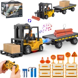 VWAHNANA RC Forklift Toy with Trailer, Kids Forklift Construction Toys Set with Flatbed Truck & Crane Toy Hook, 2 Battery/Spray/Light, Remote Control forklift Toys for 6 7 8 9 10-12 Year Old Boys Gift