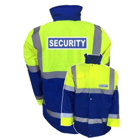 Security Badge Blue & Yellow Hi Vis Parka Jacket Reflective, Waterproof, Work Wear Coat Security Officer, High Visibility, By Brook Hi Vis, Medium