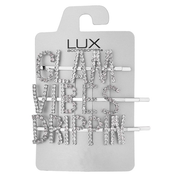 LUX ACCESSORIES Glam Vibes DRIPPIN Word Rhinestones Silver Hair Pins Set of 3