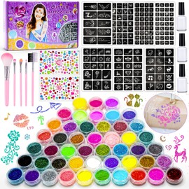 Glitter Tattoo Set, 48 Colours, Temporary Glitter Tattoo with 204 Stencils, 5 Brushes, 3 Glue and 218 Rhinestones, Waterproof Tattoos for Parties