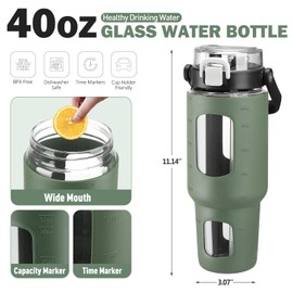BLUEGO 40 oz Glass Water Bottles with Straw Time Marker, Glass Tumbler with Handle Top Lids, Easy to Clean, Fits in Car Cup Holder, Leakproof Jug for Gym, Sports, Workout & Daily, Olive