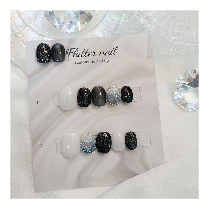 Black Glitter Pixie Handmade Nail Tips - Short Oval Mini