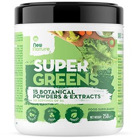 Super Greens by New Nature – 250g, 50 Servings – a Blend of 15 Natural Superfoods Suitable for Vegetarians & Vegans for Daily Intake - Zero Artificial Ingredients & No Added Sugar, Blended in Germany