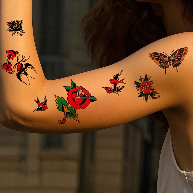 Nirbffo Vintage Tattoo Stickers Butterfly Rose Swallow Tattoo Stickers Transferable