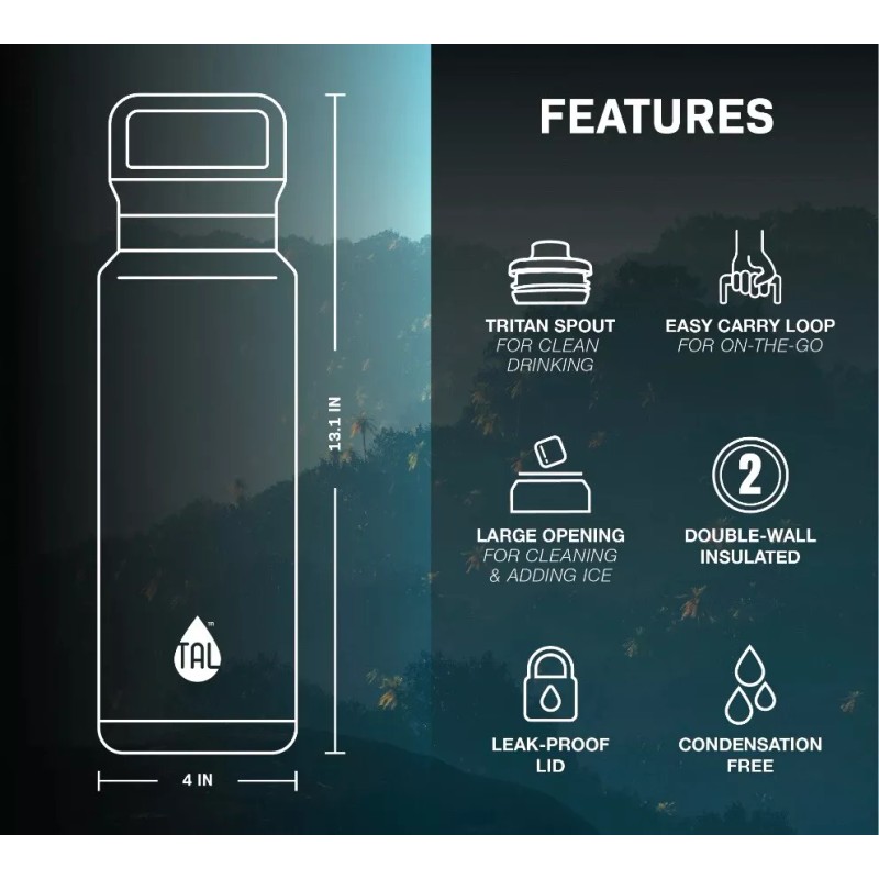 TAL Stainless Steel Everett Water Bottle with Tritan Spout 50oz,