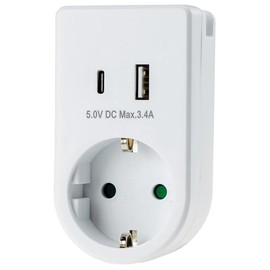 ChiliTec Socket Adapter USB-C USB-A Adaptor Plug 230 V Earthing Contact Socket with 5 V USB Charging Adapter 3.4 A White