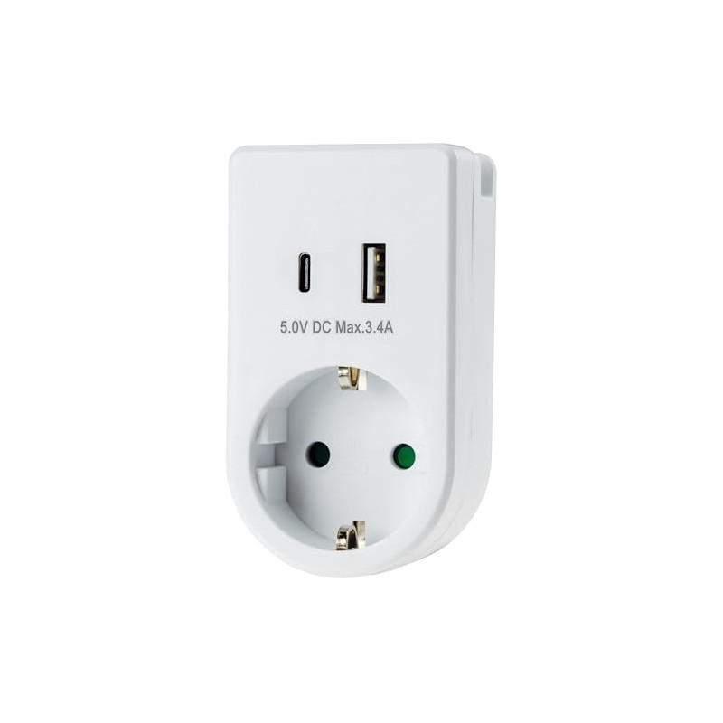 ChiliTec Socket Adapter USB-C USB-A Adaptor Plug 230 V Earthing