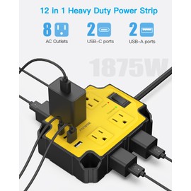 8-Outlets Heavy Duty Power Strip with 4 USB Ports(2 USB-C), Industrial Magnetic Surge Protector Power Strip 15 Amps/1200 Joules, 6.5 Ft Multi-Plug Electric Extension Cord for Workshop Garage (Yellow)