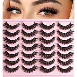 QUNETY Lashes False Eyelashes Wispy Cat Eye Lash Strips Short Volume Fake Mink Eyelash Natural Look 14 Pairs Fluffy Strip Lashes Pack 6-13mm Cateye Full Thick Pestañas for Women