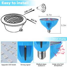 Pool Light RGB Color Changing LED Pool Lights 120 V 65 W Inground Pool Lights Medium E26/E27 Base Underwater Pool Light Bulb for Pentair and Hayward Lamps