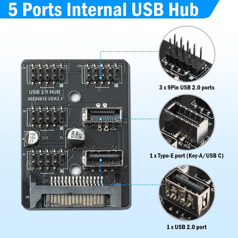 Internal USB Hub 5 Ports with Motherboard Splitter - USB
