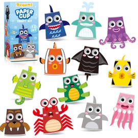 BeYumi Ocean Animals Craft Kit - 12Pcs Summer Arts and Crafts for Kids Toddler Paper Cup Craft Kit with 12 Cartoon Animal Projects DIY Gift for Birthday Party Preschool Classroom Fun Activity Ages 3-6