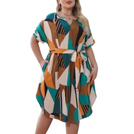 Nemidor Womens Casual Plus Size Summer Boho Floral Print Swing Midi Dress with Pockets NEM306(22,Green Yellow)