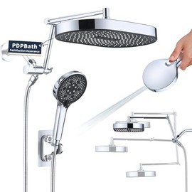 PDPBath Cabezal de ducha de lluvia de 14 pulgadas con 5+1 configuraciones, combinación de rociador de mano, cabezal de ducha de lluvia de alta presión