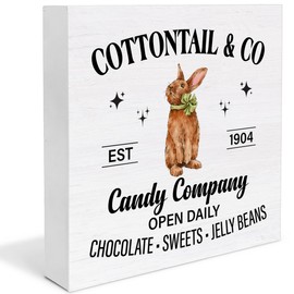 Easter Decor Easter Bunny Wooden Sign, Easter Decorations for the Home, Easter Wooden Plaque Block Sign Rustic Home Kitchen Decor 5 x 5 Inches