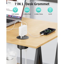 Desk Grommet with 4 AC Outlets 3 USB Ports (2USB C), Dual-Sided Recessed Power Strip Flush Mount Outlet Charging Station for Desktop, Workspace, Essential Desk Outlet, 6.5 FT Cord, Black
