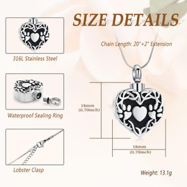 Minicremation Cremation Jewelry Heart Urn Necklace for Ashes with Double Paw Print Stainless Steel Love Heart Necklaces Memorial Ash Pendant Keepsake Jewelry