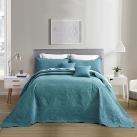 Blythease Oversized King Bedspread 138x122 Extra Wide, Ultrasonic Lightweight Bedding Cover, Paisley Pattern, Reversible, 5 Piece, 100% Microfiber, California/Alaskan King, Lagoon