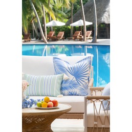 Hofdeco Premium Coastal Patio Indoor Outdoor Lumbar Pillow Cover Only, 12"x20" Water Repellent for Backyard, Couch, Muted Aqua Cornflower Blue Stripe Tassel