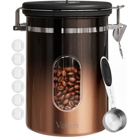Veken Coffee Canister with Window,Airtight Stainless Steel Kitchen Food Storage Container, Date Tracker & Scoop for Grounds Coffee, Beans, Tea,Flour,Cereal,Sugar,22OZ,Copper