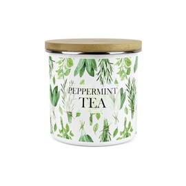 Kitchen Herbs Peppermint Tea Storage Canister - White & Green Leaf Metal Enamel Food Storage Container Gift