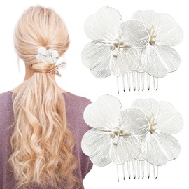 2 PACK Metal Flower Hair Combs, Flower Metal Hair Side Combs, Silver Hair Clip Headpiece Hair Combs, Women's Decorative Petal-Shape Silhouette Flower Hair Clips, for Bride, Party, Prom