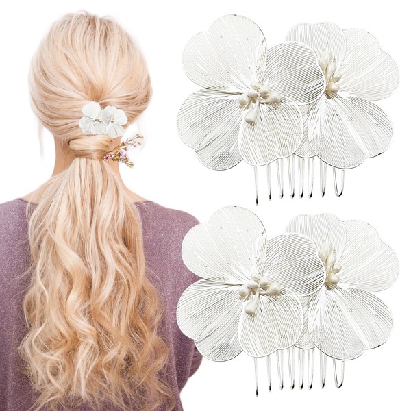 2 PACK Metal Flower Hair Combs, Flower Metal Hair Side