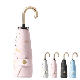 Mini Reise Faltender Regenschirm mit Hakenbügel - Goldene Schmetterlinge&Sterne Design,Teflon-Beschichtung&6 Rippen,UPF 50+ UV/Sonnenschutz Kompakt für Damen Erwachsene (Passt in Tasche/Rucksack