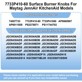 Upgrade 7733P410-60 Surface Burner Knobs Compatible with May-tag/Jenn-Air/Kitchen-Aid/Whirlpool Gas Cooktop Stove, Control Knob Replacement Part 74007733, AP5668987, PS2375871, AP6011505-6 Pack