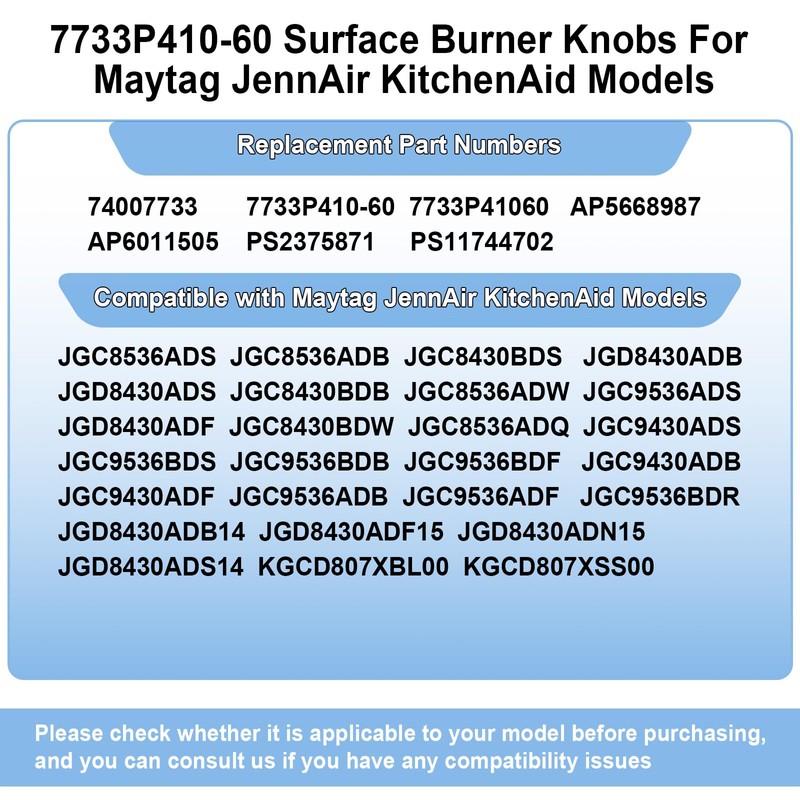 Upgrade 7733P410-60 Surface Burner Knobs Compatible with May-tag/Jenn-Air/Kitchen-Aid/Whirlpool Gas Cooktop