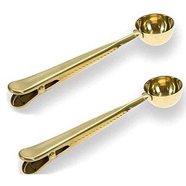 Coffee Scoop with Bag Clip, Stainless Steel Long Handled Tea Spoon Coffee Accessories and Kitchen Utensils 2pcs Set (Gold)