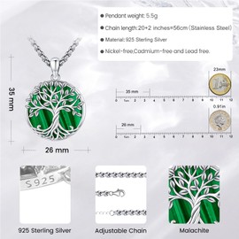 Eusense Tree of Life Necklace 925 Sterling Silver Tree of Life Pendant with Malachite Tree Chain Jewellery Gift for Women Girls
