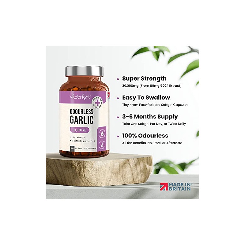 Odourless Garlic Capsules - High Strength 30,000mg - 180 Deodourised