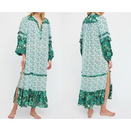 R.Vivimos Women's Long Sleeve Floral Print Bohemian Maxi Dresses with Slit (XL, Green)