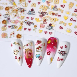 Heart Nail Art Stickers Love Heart Nail Decals 3D Self Adhesive Valentine's Day Nail Art Supplies Metallic Gold Nail Sticker for Women Girls Valentine’s DIY Acrylic Nail Decorations 6 Sheets