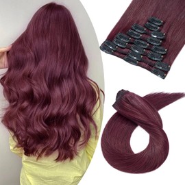 Benehair 8pcs 22inch Clip in Hair Extensions Real Human Hair Double Weft Clip on Hair Extensions Remy Human Hair Extensions Soft Silky Straight Natural Hair Extensions Wine Red