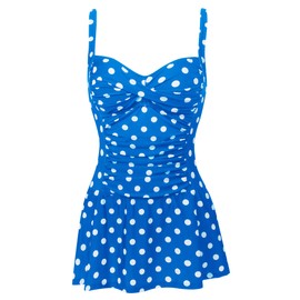 Womens Push Up Padded 50S Vintage One Piece Swimsuit with Skirt(Neon Blue Dot,Size 10)