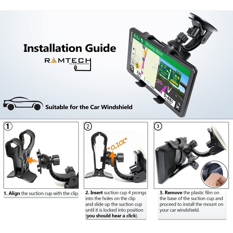 Ramtech Universal Car GPS Windshield Dual Clip Mount, Suction Cup