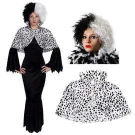 Evil Dog Lady Fancy Dress Costume - Large - Long Black Dress + Half Black Half White Wig + Dog Lady Cape - Perfect for World Book Day