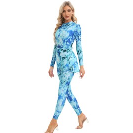 Womens Muslim Swimsuits Long Sleeve Tie Dye Top Swim Pants with Long Sarong Cover up Wrap Skirt Full Coverage Swimwear Modest Islamic Ladies Swimming Beachwear Burkini Bathing Suit Light Blue XX-Large
