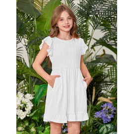Girls Summer Flutter Sleeve Ribbed Sundress White Solid Ruffle Hem Back to School Casual Swing Dress 5-6 Years