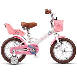 Glerc Sasha Girls Bike, 14 Inch Kids Bike for Ages 3-5 Years Old Children, Retro Vintage Style Kids Bicycle with Doll Bike Seat, Basket and Training Wheels, White