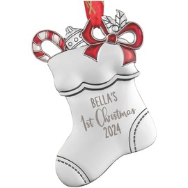 Personalization Universe Baby's 1st Christmas Silver Stocking Ornament, Custom Etched with Name and Year, Perfect Keepsake for Newborns, Baby Boys and Girls, Indoor Use