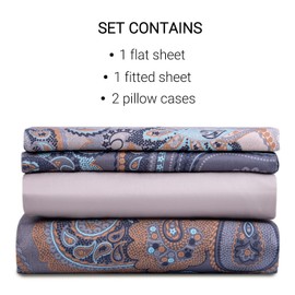 bahar tekstil 100% Cotton Soft Bed Sheets with Matching Pillow Case Calipso Cotton Sheet and Pillow Cases Bedding Set of 4 Comfortable Bedsheets Flat Sheets (Queen)