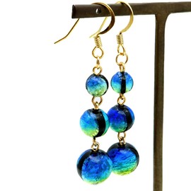 Gold Stone Luminous Keramarin Firefly Glass Earrings for Both Ears, Hook Earrings, Brass, Dragonfly Ball, Okinawa, 3 Rows, Glass