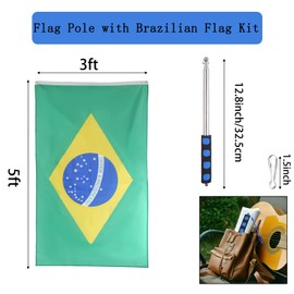 Boliyoooki 8.2ft Telescopic Flag Pole with 3x5 Brazil Flag,Stainless Steel Handheld Portable Extendable Flagpole with Brazilian National Flag,Clips,Telescoping Banner Flag Pole Pointer