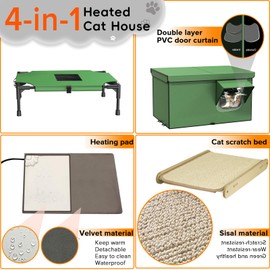 4-in-1 Heated Cat House 24.8×22×16.1 inch for Outside with Heating Pad, Scratching Bed and Elevated Bed, Waterproof Windproof TPU Rain Cover, Large Cat Winter House Outdoor