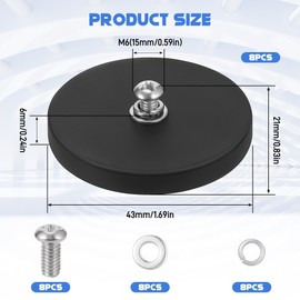 Hejo Pack of 8 Neodymium Magnets Rubberised Diameter 43 mm with M6 Male Thread, Magnets with Thread, Vertical Bonding up to 10 kg for Vehicles, PTZ, Lamps, Instruments and Devices