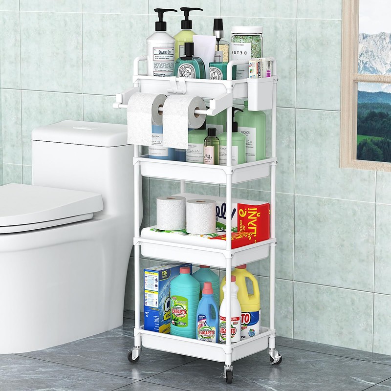 SPACEKEEPER Rolling Storage Cart, 4-Tier Bathroom Organizer Utility Cart Laundry